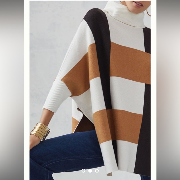 Anthropologie White and Brown Poncho Sweater - Picture 2 of 9